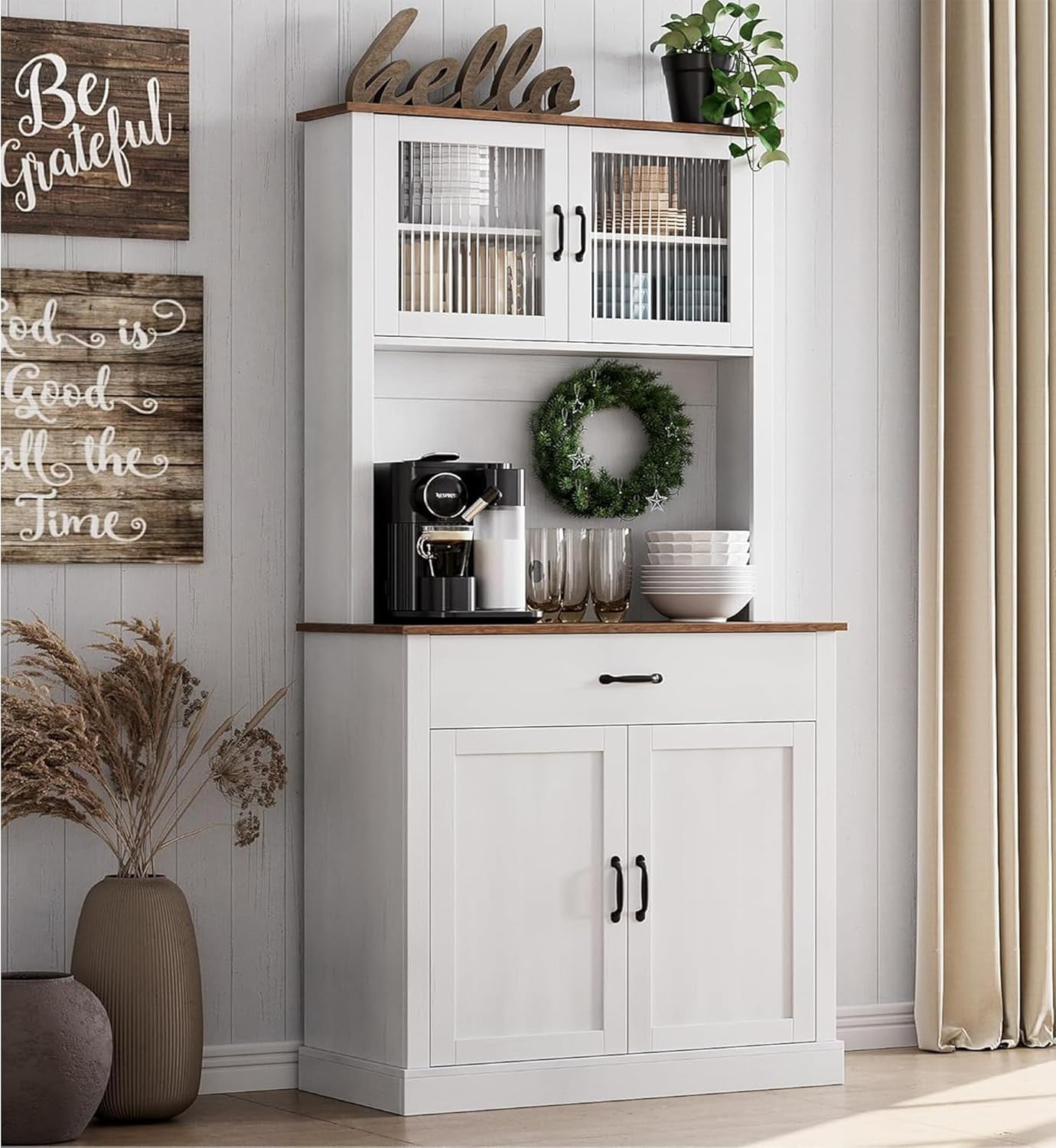 ChaoLink Freestanding Kitchen Pantry Cabinet with Microwave Stand and ShelvesWhite