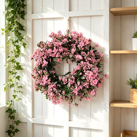 15.35in Artificial Faux Floral Wreath, Faux Flower Wreath for Front Door Garden Wall Home Decor, Pink