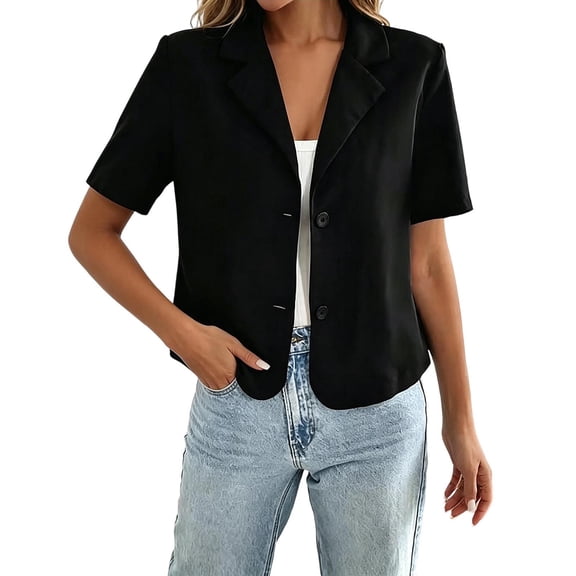Jerdar Women's Cropped Short Sleeve Blazer Jacket Solid Notch Collar Single Button Casual Office Daily Wear XL
