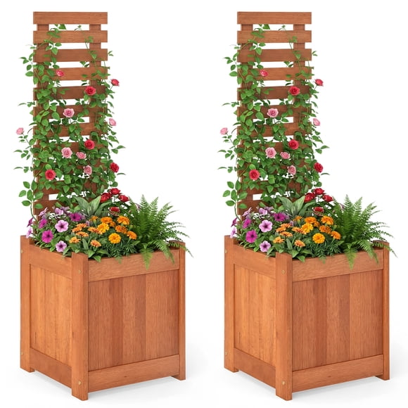 Costway 2 PCS Wooden Raised Garden Bed Elevated Yard Planter Box with Trellis Open-Ended
