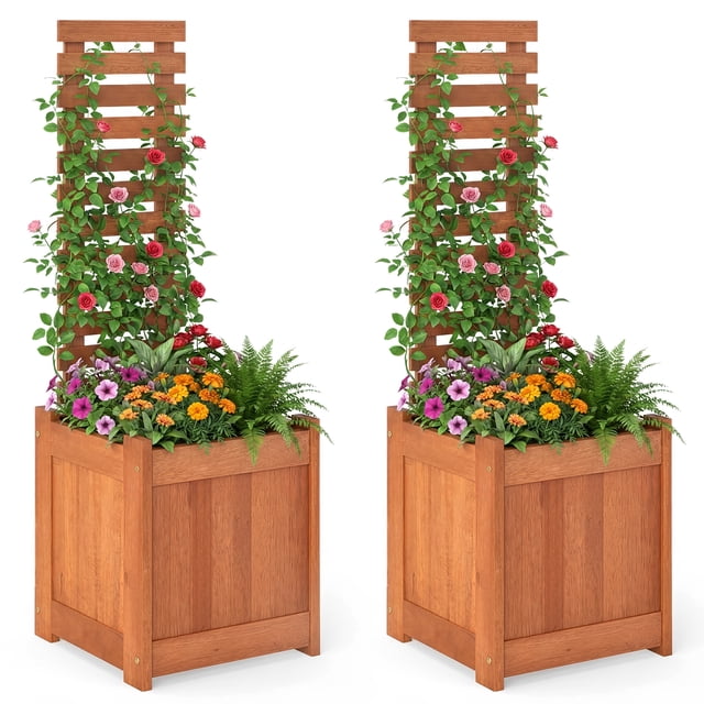 Costway 2 PCS Wooden Raised Garden Bed Elevated Yard Planter Box with Trellis Open-Ended