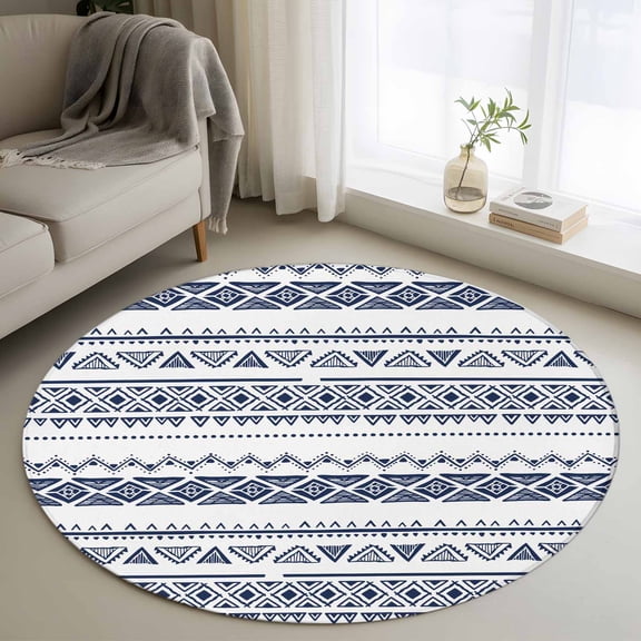 Round Rugs 3Ft, Navy Blue Geometric Round Area Rug Washable Indoor Throw Carpet, Modern Art Abstract Small Non Slip Circle Rug for Bedroom Living Room Home Decor Aesthetic