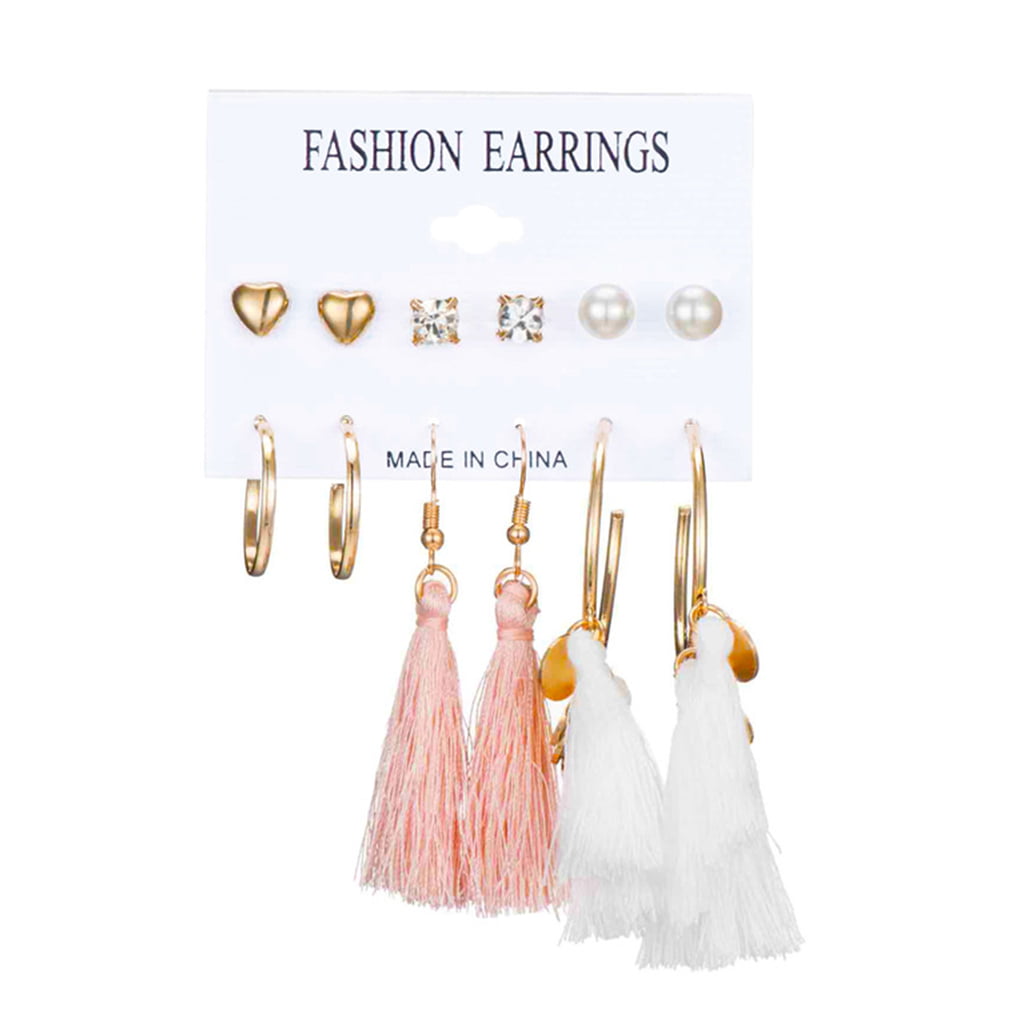 SHIWE Boho 9 Pairs Tassel Hoop Earrings Bohemian Fan Dangle Hook Drop Earrings Set for Women Girls Eardrop Gift Ear Jewelry 