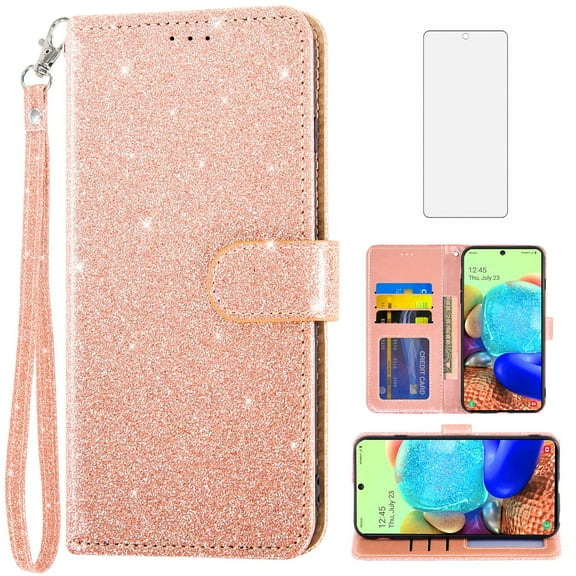 Asuwish Compatible with Samsung Galaxy A71 5G Wallet Phone Case and Tempered Glass Screen Protector Flip Credit Card Holder Stand Bling Glitter Cell Cover for A 71 G5 71A S71 Women Men Pink