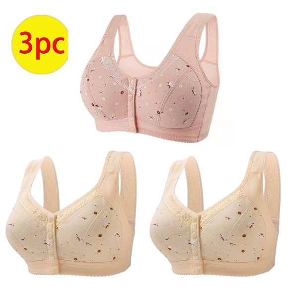 CFLVAEK 3 Piece Daisy Bras for Women Front Closure Everyday Bras Wireless Plus Size Full Coverage Bra Breathable Bralette for Senior Women Pink XXXXL