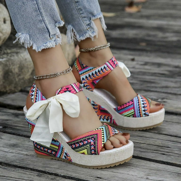 Womens Boho Dressy Platform Wedge Espadrilles Cute Aztec Tribal Beach Sandal High Heel Summer Shoes with Bow Knot Walmart
