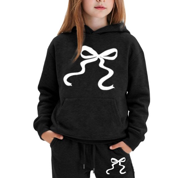 Angala 2 Piece Outfits For Girls Hooded Long Sleeve Bowknot Print Sweatshirt With Jogger Pants Set Girls Autumn Daily Wear Clothes