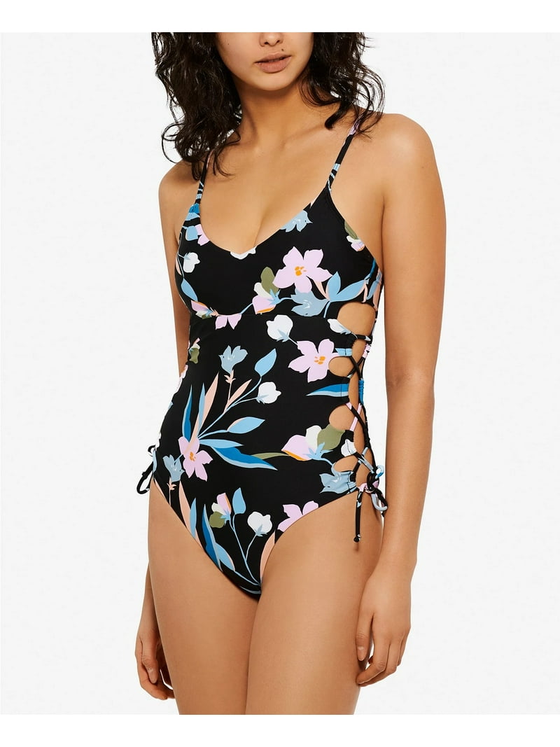 HULA HONEY Women's Black Lace-Up-Sides Lined Deep V Neck