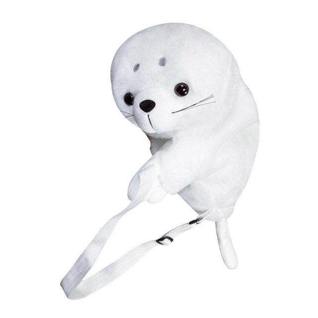 Cute Seal Backpack Plush Animal Bag for Women, Adjustable Soft Travel Bag, White Casual Outdoor Gift