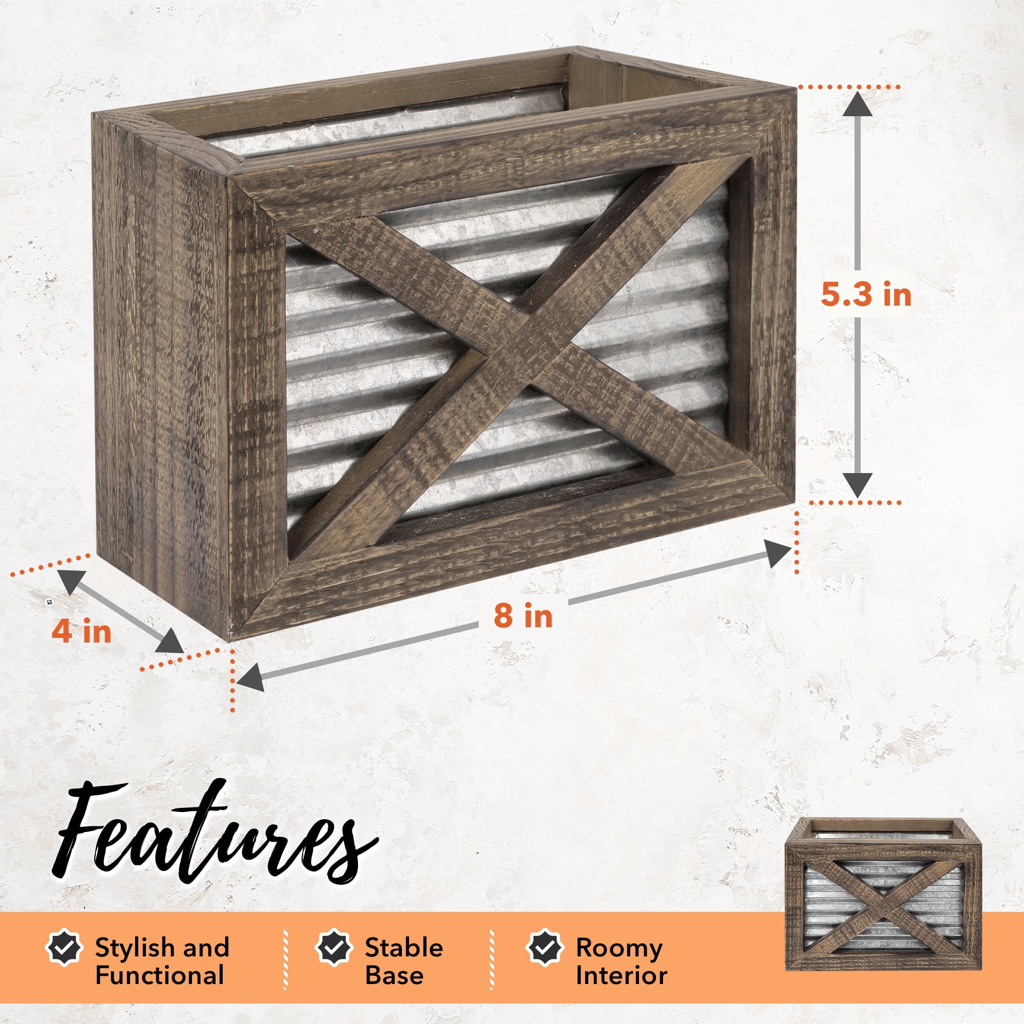Autumn Alley Farmhouse Kitchen Utensil Holder, Rustic Wood & Galvanized Metal Cooking Utensil Caddy for Countertop Storage, Barn Door Style