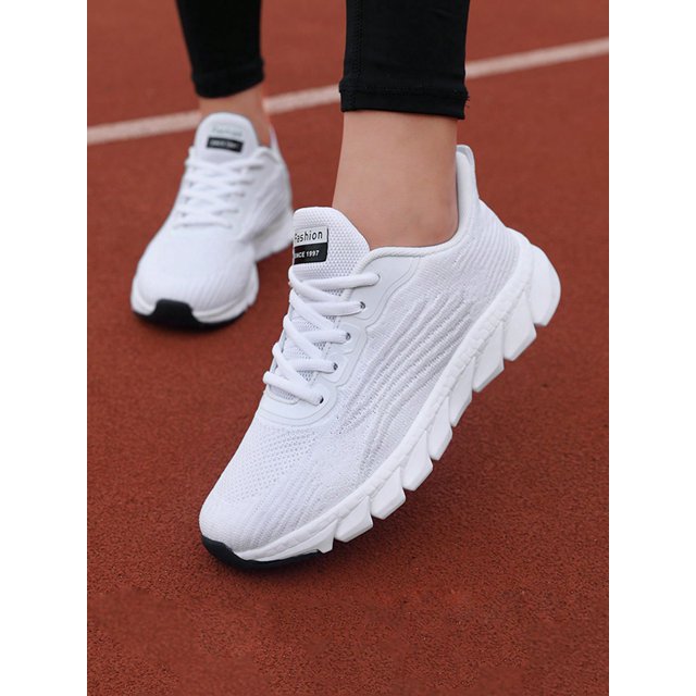 Women's Simple Embroidered Mesh White Sports Shoes With Soft And Breathable Sole For Running