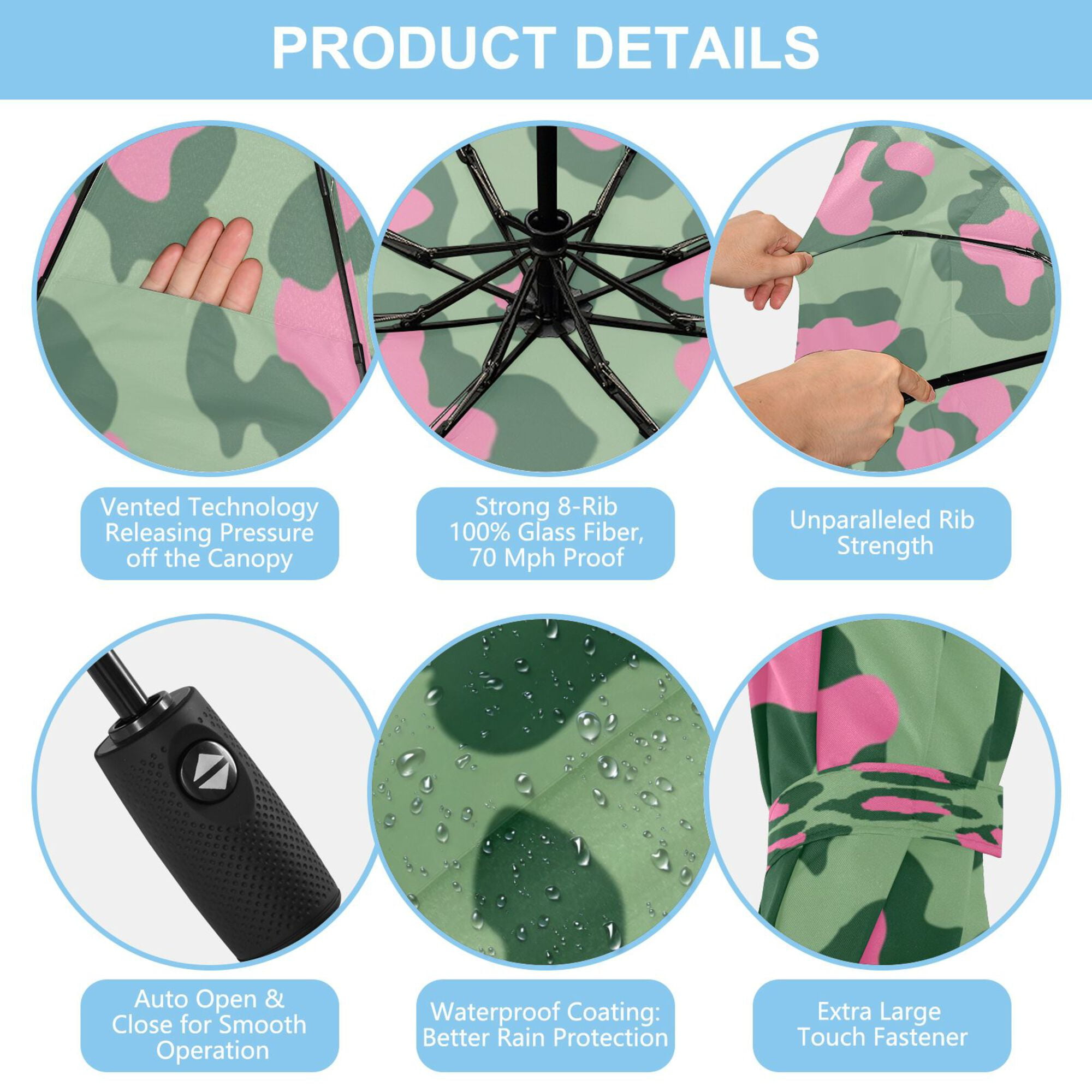 21" Inch Auto Open Close Folding Umbrella Windproof Waterproof Full Print 8-Rib Compact Travel Umbrella for Rainy Days Leopard Print with Pink Accents