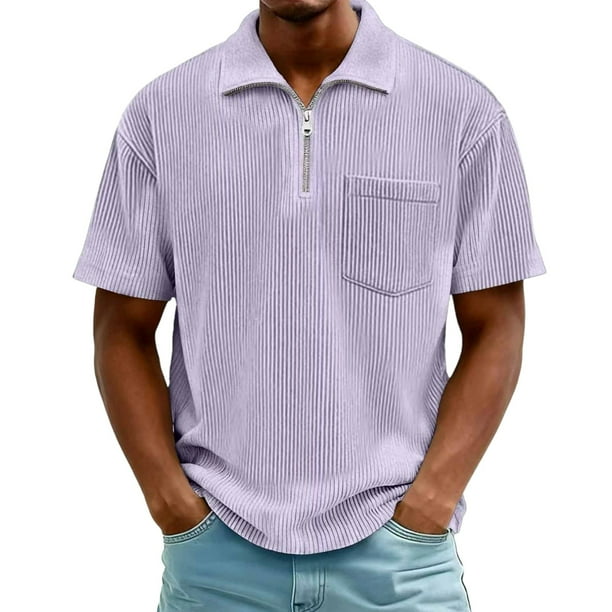 Blusa y camisa de manga corta con cuello vuelto para hombre, color liso, informal, con solapa, cierre de cremallera en un cuarto y bolsillo en el pecho, camisa de manga corta con solapa, tops para hom