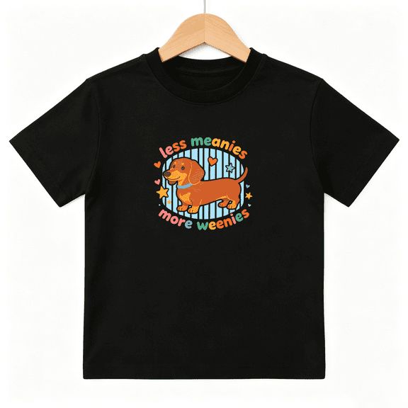 Less Meanies More Weenies Girls Graphic Tee, Cute Dachshund Dog 100% Cotton Kids Short Sleeve T-Shirt