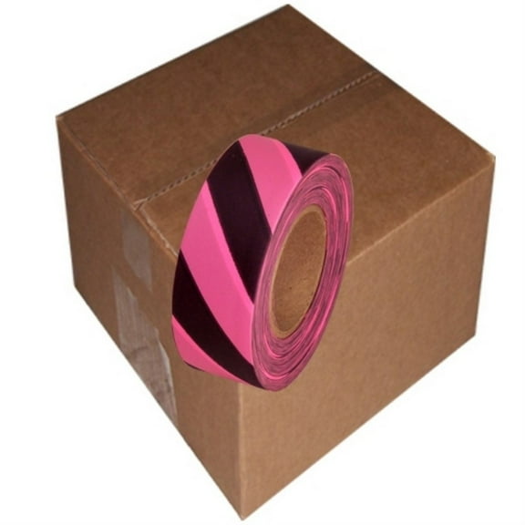Tape Planet Fluorescent Pink and Black Safety Striped Flagging Tape 1 3/16" x 150 ft Roll Non-Adhesive (12 Roll/Case)