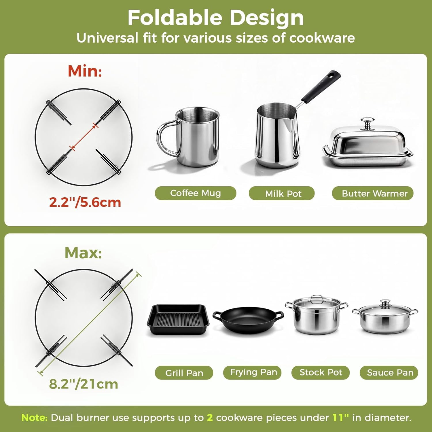 Camping Stove 2 Burners, 36000BTU Propane Camp Stove with Windproof Grates, Portable Folding Camping Gas Stoves Include Frying Pan & Carry Bag for Camp out, Cooking Outdoor, Tailgating, Green
