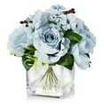 thumbnail image 3 of Enova Home Mixed Artificial Silk Roses Fake Flowers Arrangement in Cube Glass Vase with Faux Water for Home Office Wedding Decoration(Blue), 3 of 4