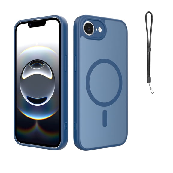 Mynvo Case for iPhone 16e/17e with Wrist Strap, Support Wireless Charging Non-Slip Hard PC TPU Ptrotective Case Cover Anti-Fingerprint Shockproof Bumper for Women Men, Blue