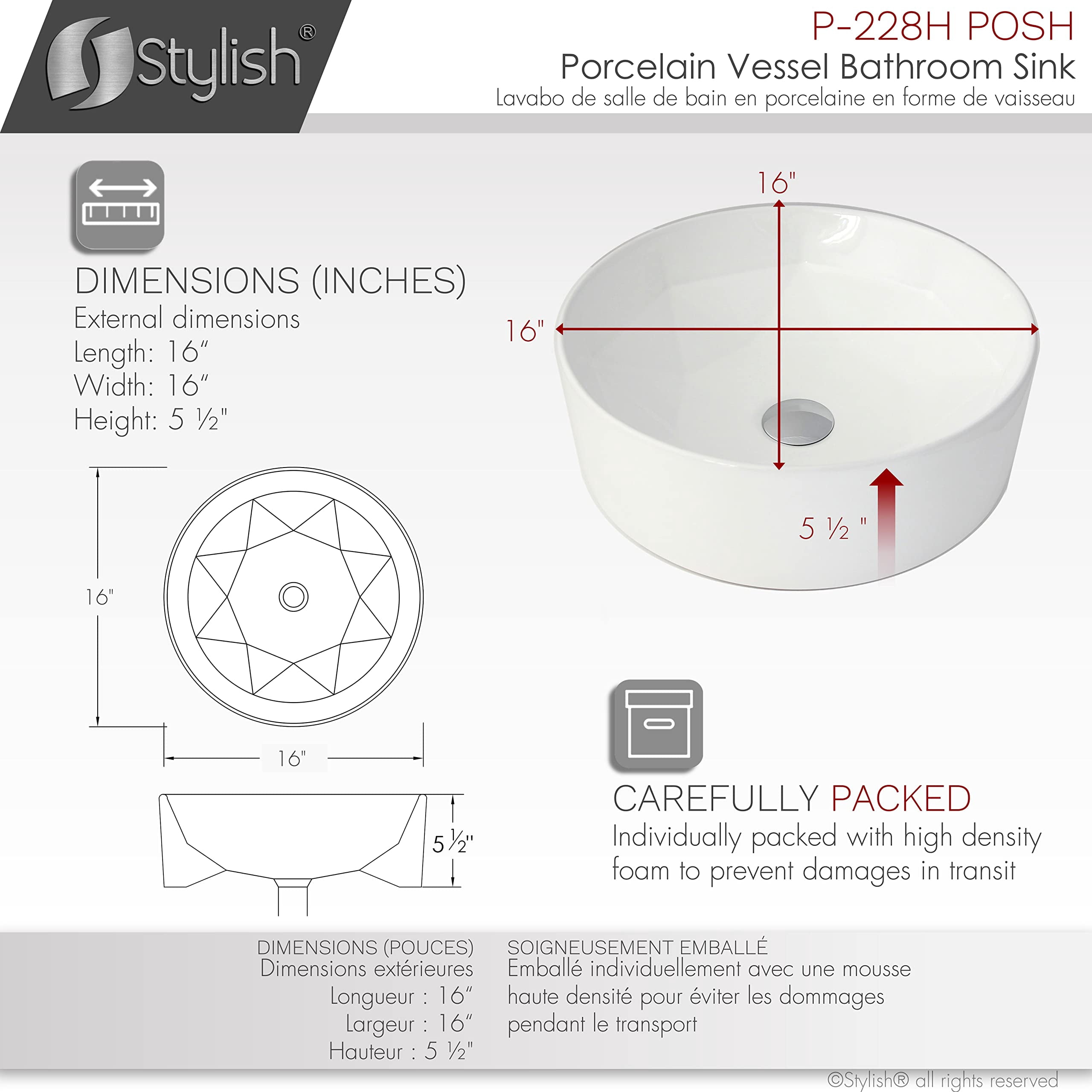 Stylish Vessel 16" White Porcelain Round Bathroom Sink P-228H