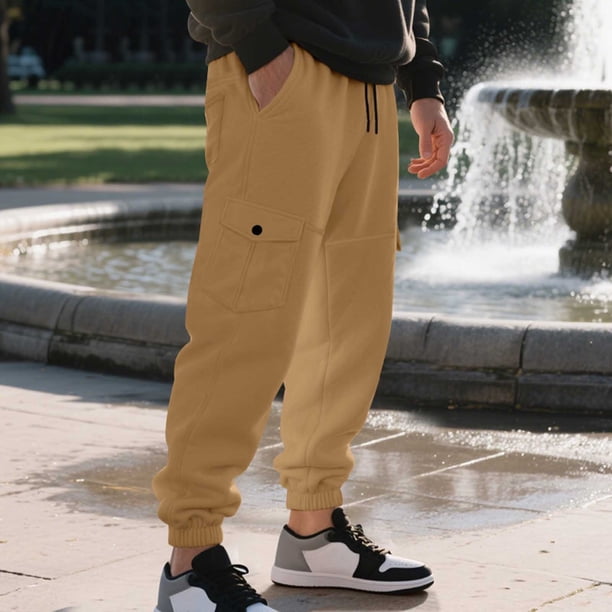 Pantalones largos para hombre, estilo casual, a la moda, con cordón en la cintura y múltiples bolsillos, elásticos, para sujetar los pies, de rayón.