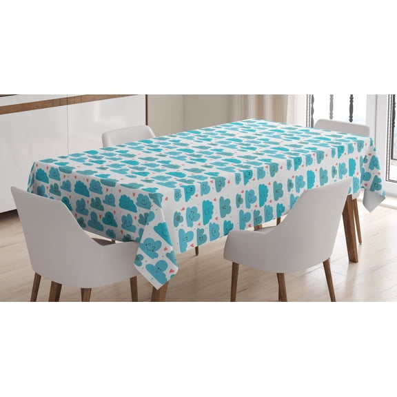 Rain Tablecloth, Doodle Cloud Figures Representing Different Emotions Funny Weather Theme, Rectangular Table Cover for Dining Room Kitchen, 60 X 84 Inches, Sky Blue White Coral, by Ambesonne