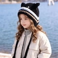 thumbnail image 2 of Wxirdrow Baby Beanie Hats Kids Cute Cat Knit Earflap Hat Fuzzy Fleece Lined Winter Warm Cartoon Protective Cold Weather Cap For Boys Girls Black,2-8 Years, 2 of 7