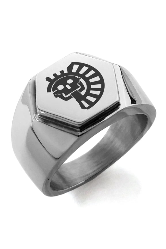 Stainless Steel Aztec Chief Tribe Rune Engraved Hexagon Crest Flat Top Biker Style Polished Ring