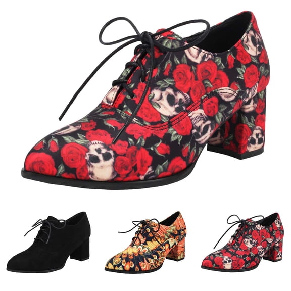 Modisza Women's Chunky Heel Shoes Pointed Toe Pumps Printed Dressy Shoes Ladies Lace Up Block Heeled Shoe for Travel Black Size 5.5
