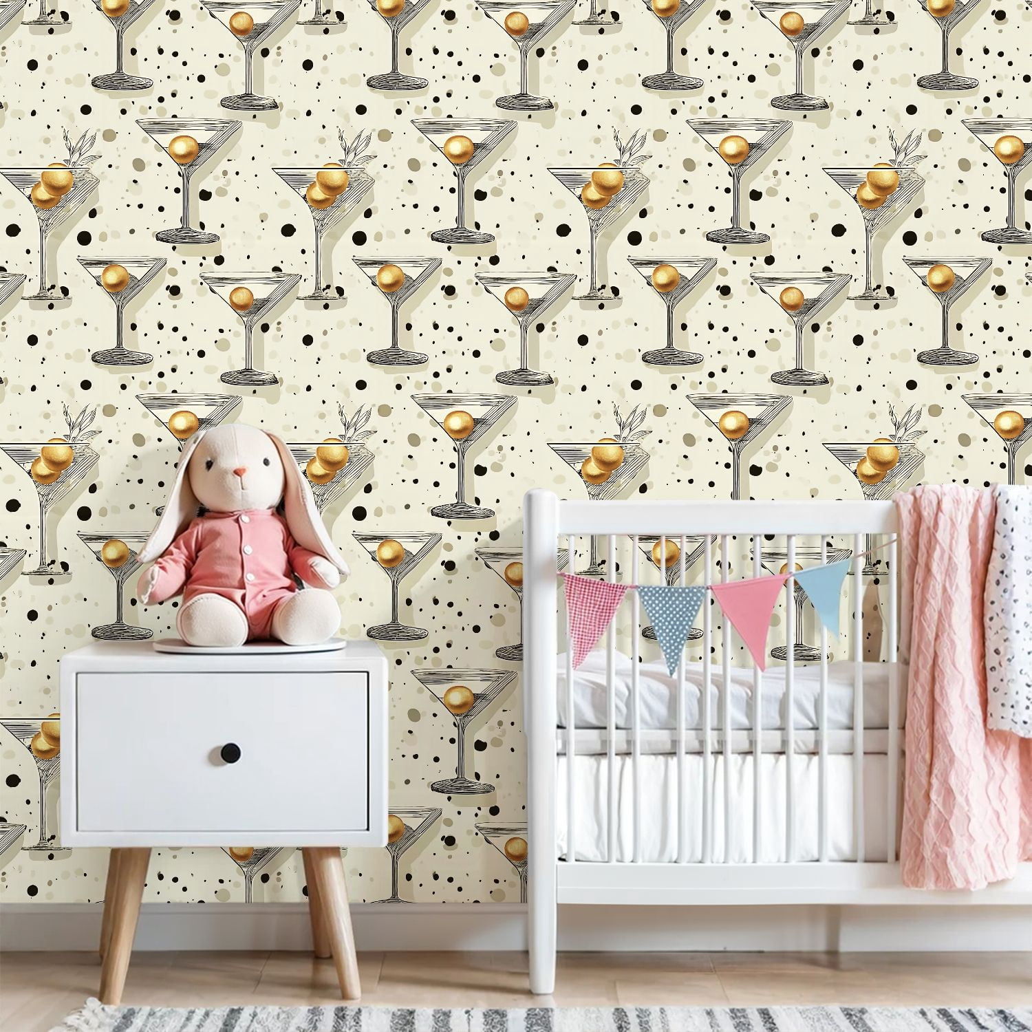 Peel and Stick Wallpaper Elegant Martini Glasses Golden Garnish Abstract Dot Wall Mural 23.6in x 9.8ft Self Adhesive Removable Wall Paper Renter Friendly Wallpaper for Nursery Bedroom Cabinets