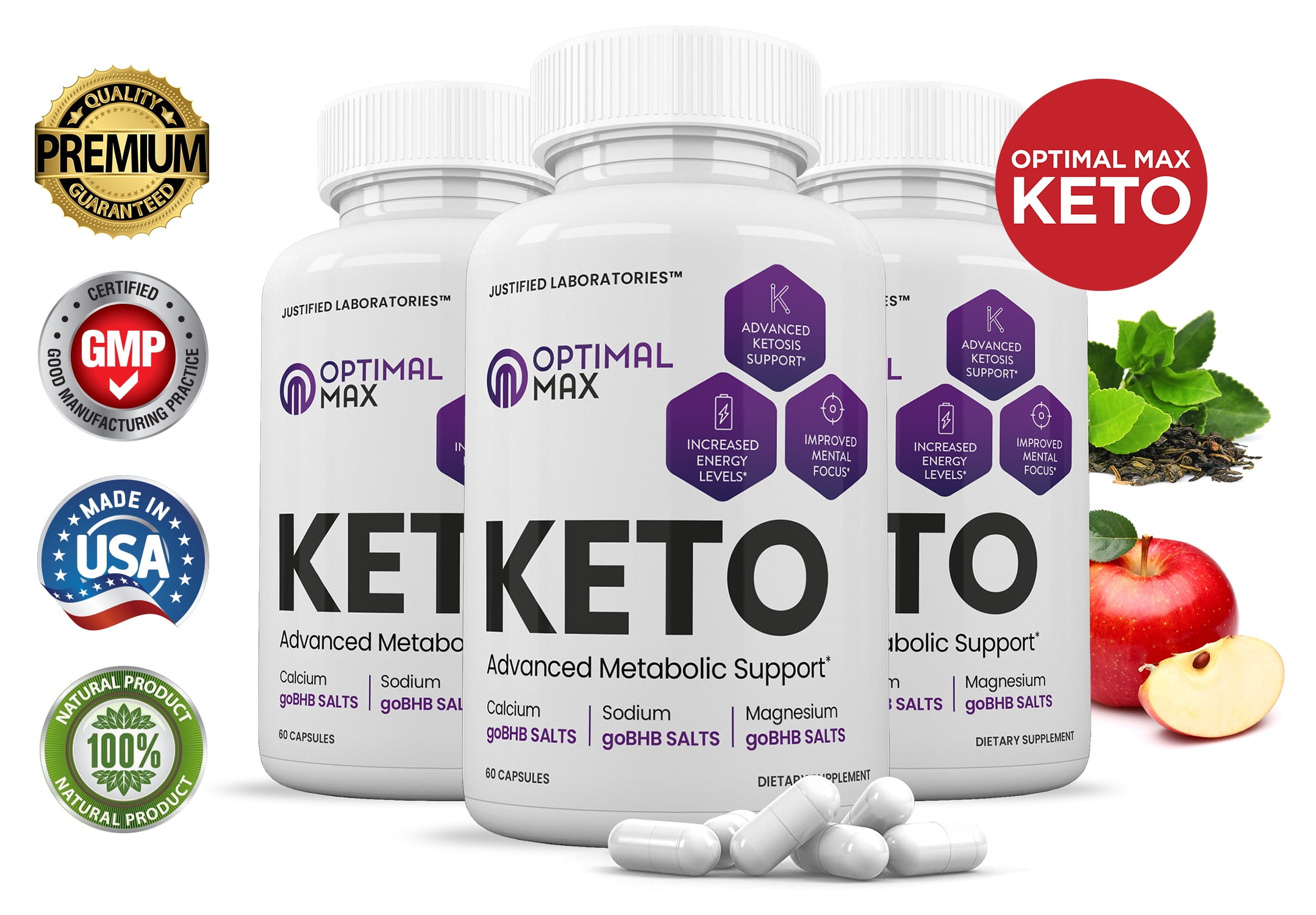 (3 Pack) Optimal Max Keto Pills Includes Apple Cider Vinegar Patented goBHB® Exogenous Ketones Advanced Ketogenic Supplement Ketosis Support for Men Women 180 Capsules