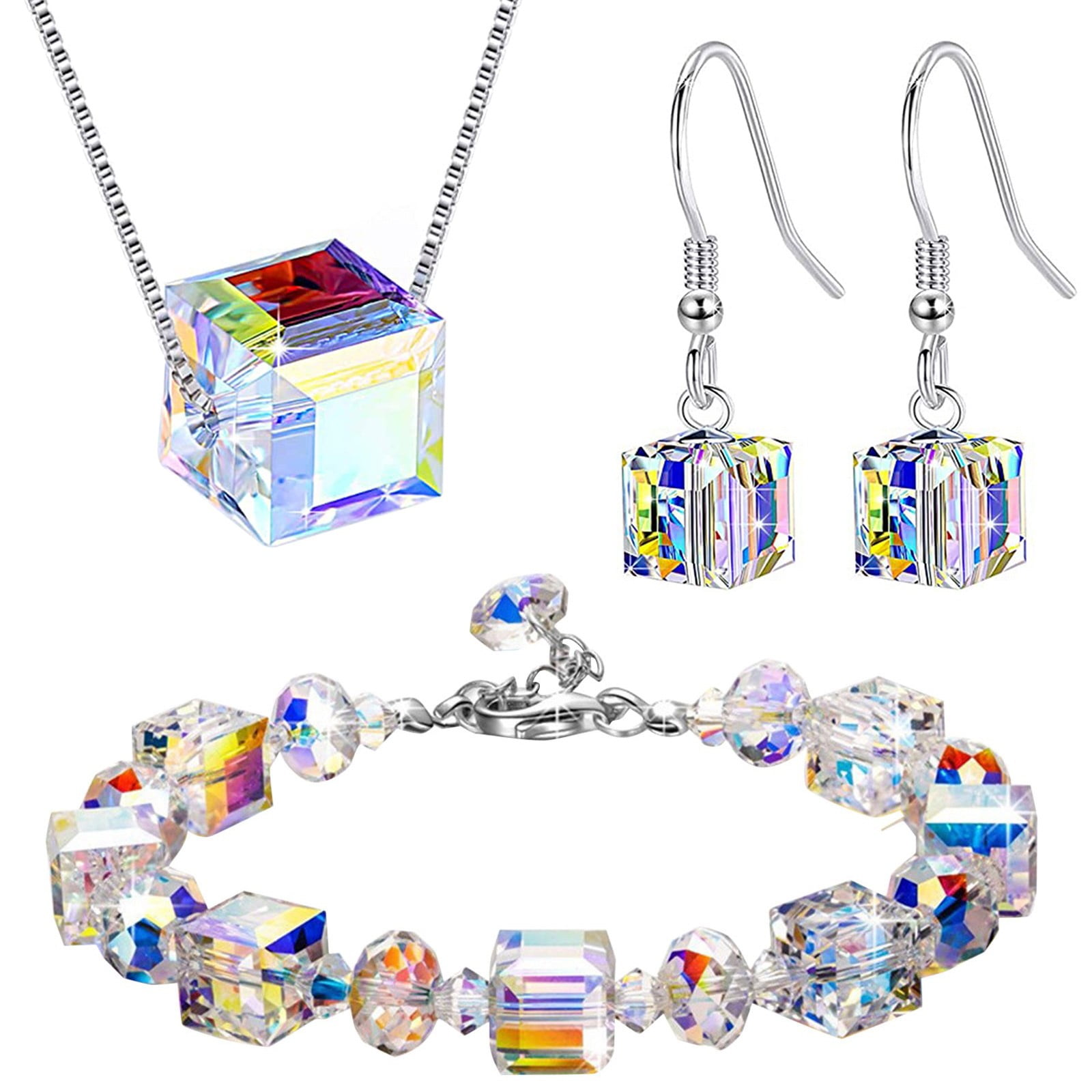 Mortilo 8Mm Austrians Sugar Cube Crystal Bracelet Necklace Earrings Set Crystal Bracelet(Jewelry