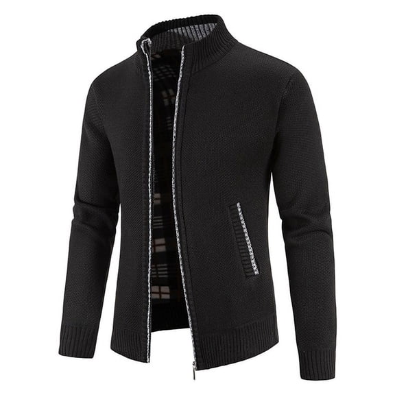 YMNXA Men'S Casual Cardigan With Pockets Long Sleeve Stand Collar Solid Color Zip Up Plush Thickened Warm Knitted Sweaters For Daily Wear Black L