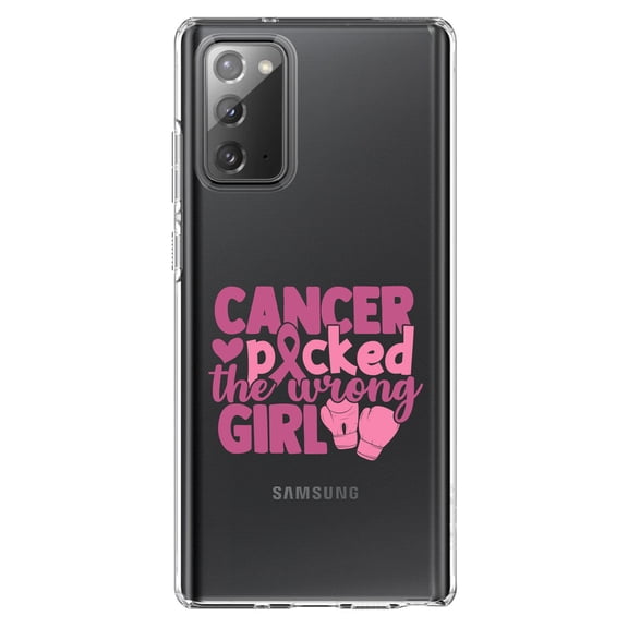 DistinctInk Clear Shockproof Hybrid Case for Samsung Galaxy Note 20 (6.7" Screen) - TPU Bumper Acrylic Back Tempered Glass Screen Protector - Pink Ribbon Cancer Picked the Wrong Girl