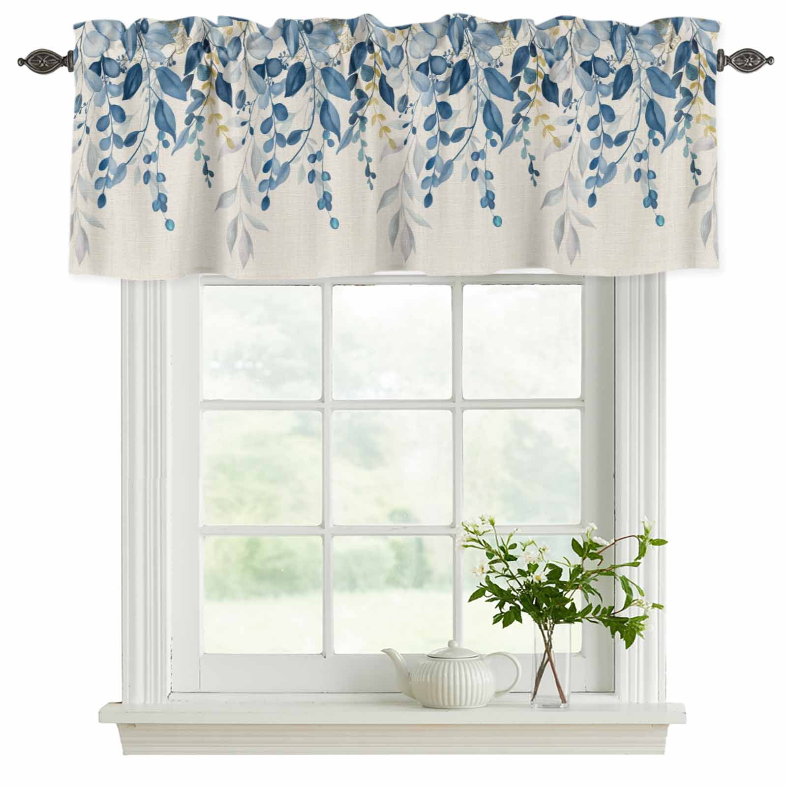 2 Pack Valances for Windows, Blue Eucalyptus Window Valances for Living Room/Bedroom/Bathroom, Farmhouse Weeping Leaves Linen Light Filtering Kitchen Curtain Valance Window Treatment 42"W x18" L