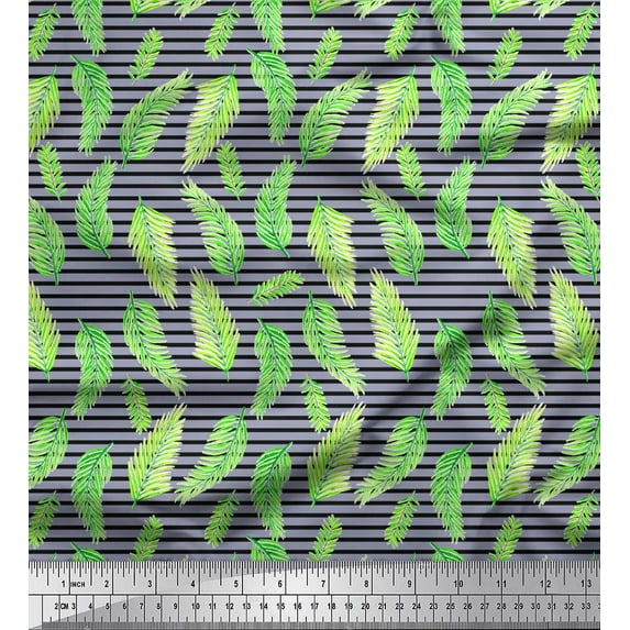 Soimoi Gray Cotton Poplin Fabric Stripe & Palm Leaves Print Fabric by Yard 42 Inch Wide