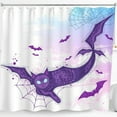 thumbnail image 1 of Whimsical Purple Bat Shower Curtain - Glowing Eyes & Spider Web Design for Halloween Decor!, 1 of 5