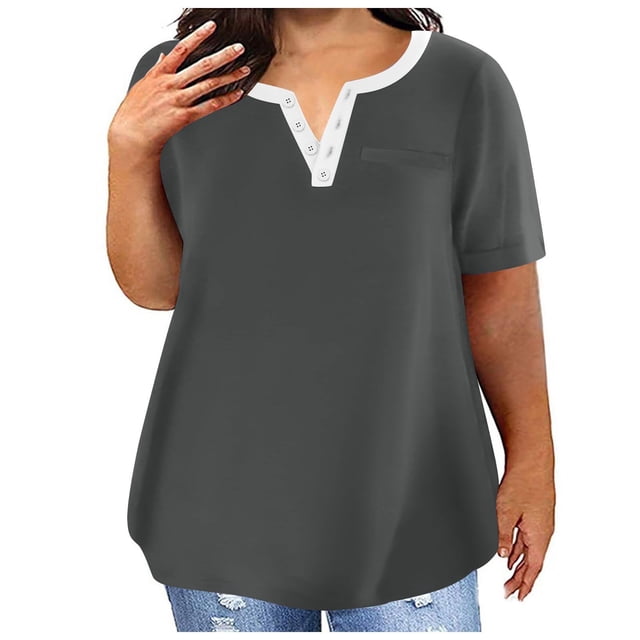 Yuyuzo Plus Size Tops for Women Notch V Neck Solid Color T Shirts Short Sleeve Basic Tees with Pocket