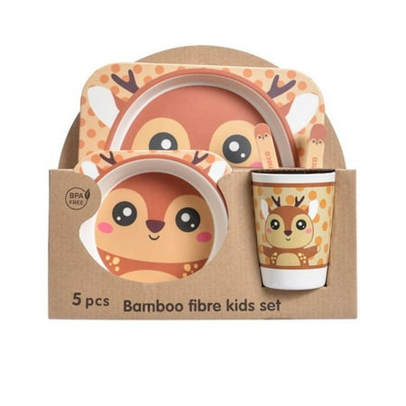 

5Pcs/Set Bamboo Kids Dinnerware Set - Children Dishes - BPA Free Food Plate Bowl Cup Spoon Fork Set Dishware Cartoon Tableware - Square Deer