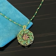 Hotpom Green Jade Flower Necklace, Light Luxury Senior Design Pendant Jewelry, Vintage Charm for Women, Year-Round Elegant Clothing Accessory