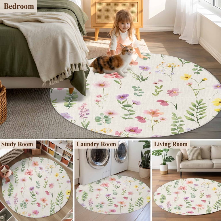 Round Area Rug 3.3 Ft, Pink Spring Floral Washable Non-Slip Circle