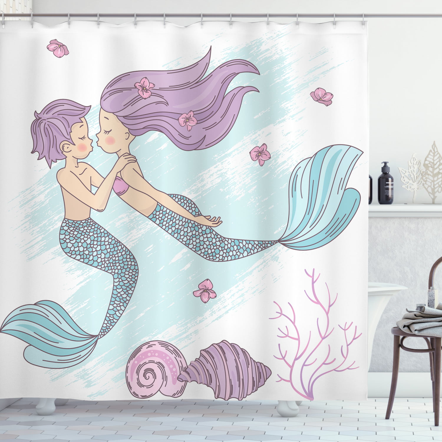 Male Mermaid and Man Shower Curtain Liner Bathroom Set Waterproof Fabric Hooks 