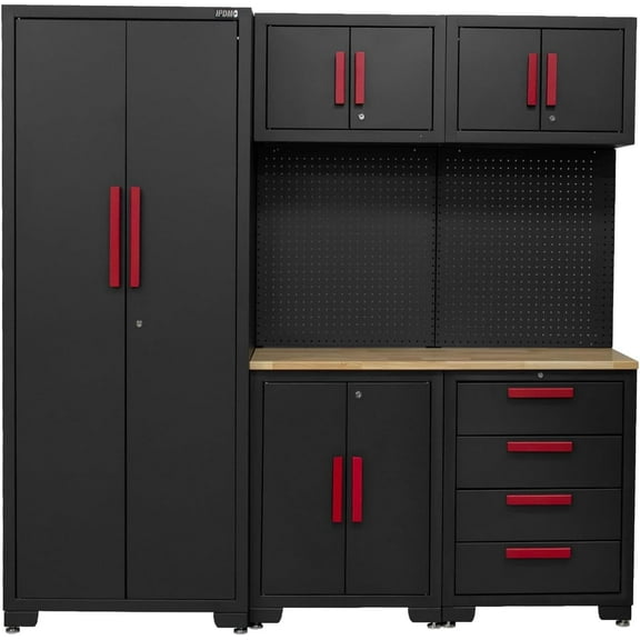HPDMC Garage Storage Cabinet System, 6-Pcs Garage Cabinets and Storage System Corner Workshop Set with Corner Cabinet, Cabinet Drawers, Workbench, Pegboard for Tool Organization, Black and Grey