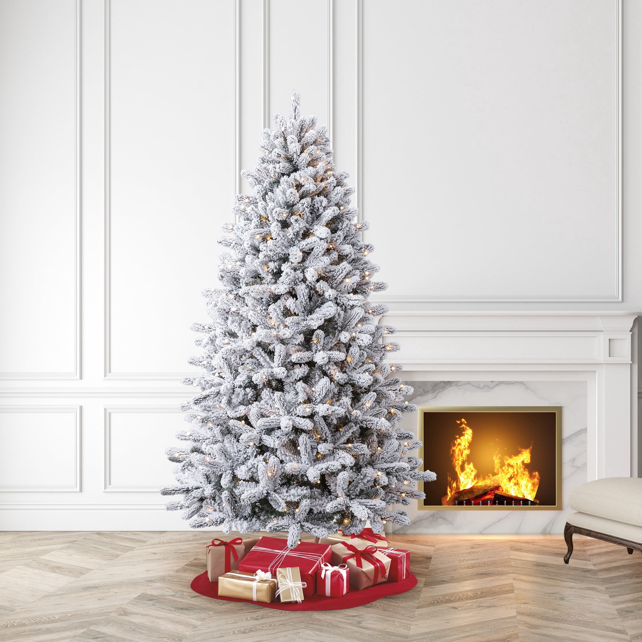 7.5' Pre-Lit Birchwood Fir Snow-Flocked Green Artificial Christmas Tree with 500 Warm White Twinkle LED Lights, Quick Set, and Stand, by Holiday Time