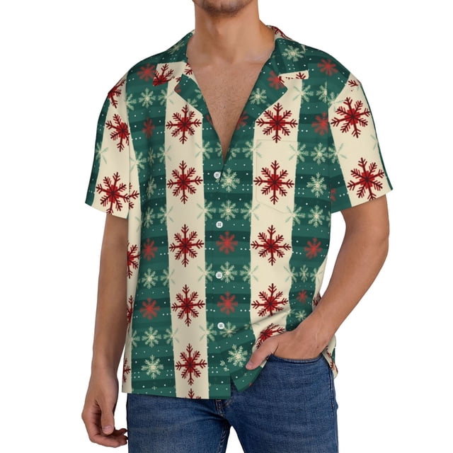 Fotbe Christmas Snowflakes Plaid Camisa Estampada de Manga Corta para Hombre, Casual de Verano, Estilo Playero, Sin Arrugas-XX-Large