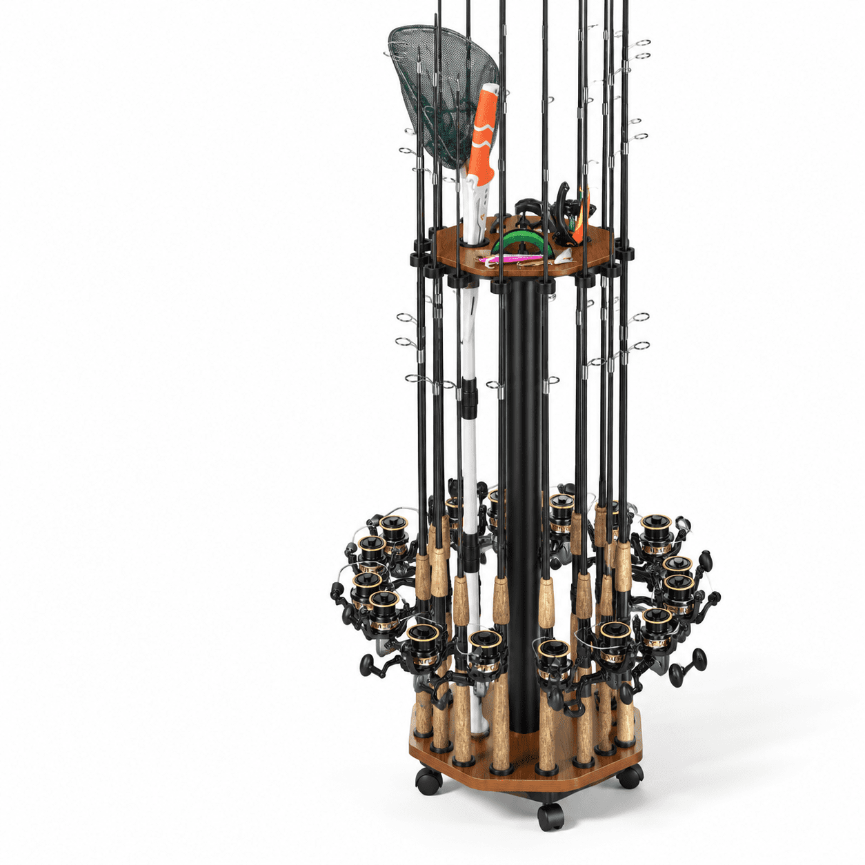 Fishing Rod Rack with Red Oak Grain Finish 16-Rod Storage for Garage Organization