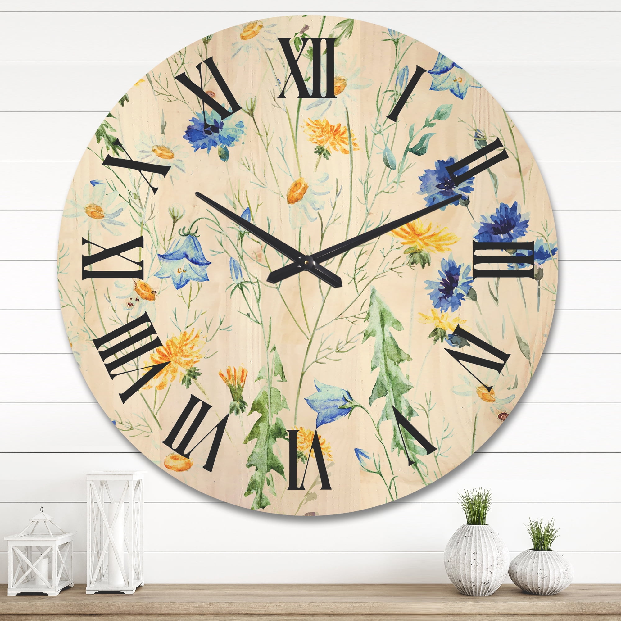 Designart 'Wildflowers Clover Bell and Chamomile II' Traditional Wood Wall Clock