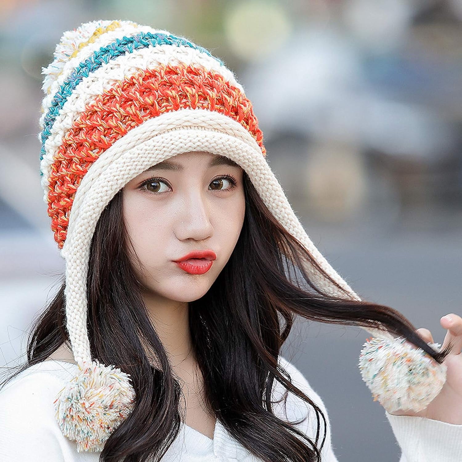 YooGuoGuo Women Fleece Lined Beanie Cap Contrast Color Warm Knitted Ski Hat w/Earflap Pom