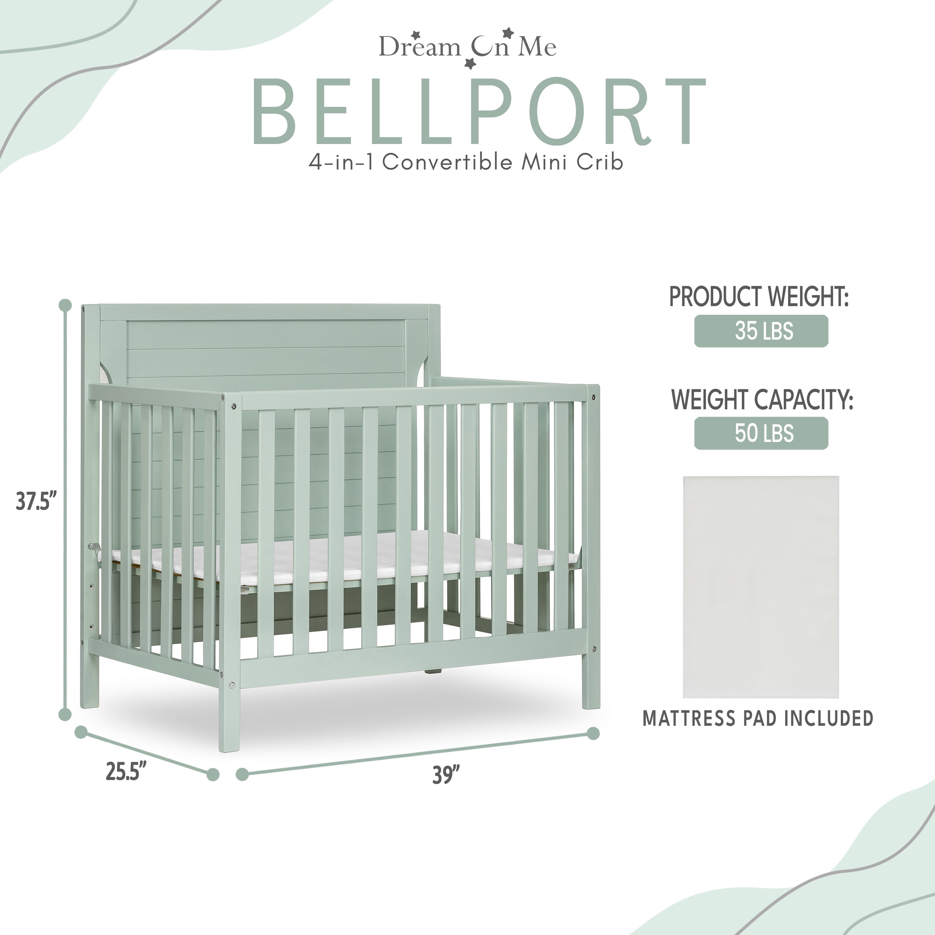 Dream On Me Bellport 4 in 1 Convertible Mini/Portable Crib in Light Seafoam Green, Non-Toxic Finish, Made of Sustainable New Zealand Pinewood, with 3 Mattress Height Settings