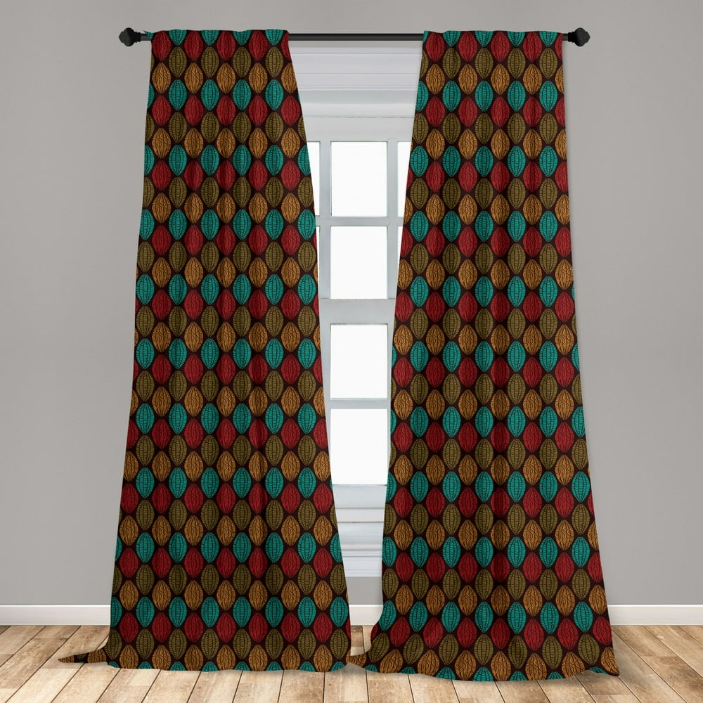 Earth Tones Curtains 2 Panels Set, Native Eastern Art with Abstract