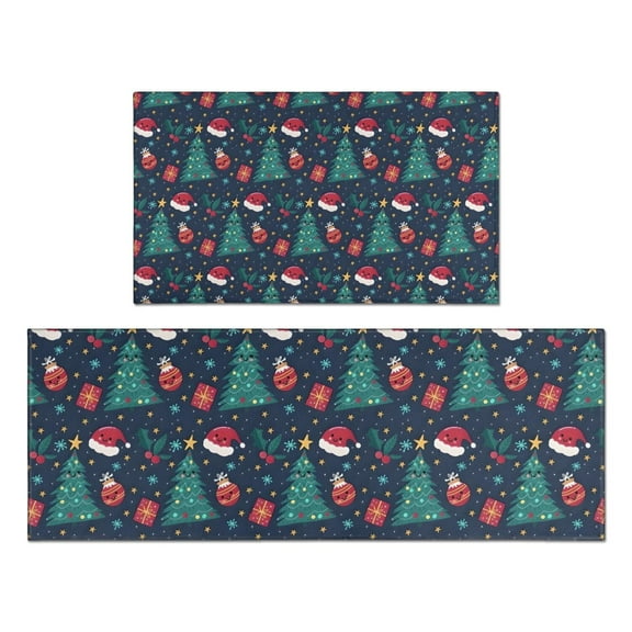 Dark Blue Christmas Pattern Kitchen Rugs Sets Of 2,Anti Fatigue Kitchen Mat Rugs Non Slip Washable,Decorative Kitchen Floor Mats for Kitchen,Sink,Laundry,17"x30" 17"x47"